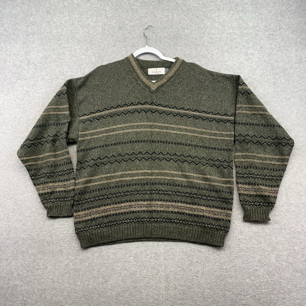 VINTAGE Bill Blass Sweater Mens L V Neck Grandpa Green Brown Earth Patterned 90s
